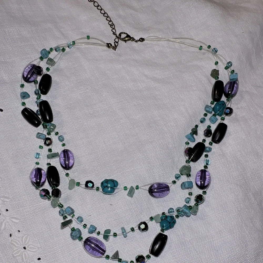 Vintage‎ Purple and Teal necklace set 18in glass beads festival multi strand